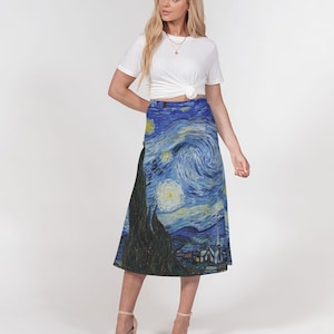 Women's Van Gogh Starry Night A-Line Midi Skirt  | Loose Flowy Skirt | Artist Gift | Art Inspired Clothing | Cute Office Attire | Cute Skirt