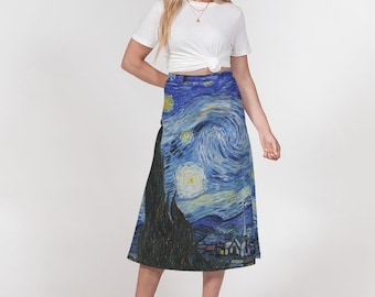 Women's Van Gogh Starry Night A-Line Midi Skirt  | Loose Flowy Skirt | Artist Gift | Art Inspired Clothing | Cute Office Attire | Cute Skirt
