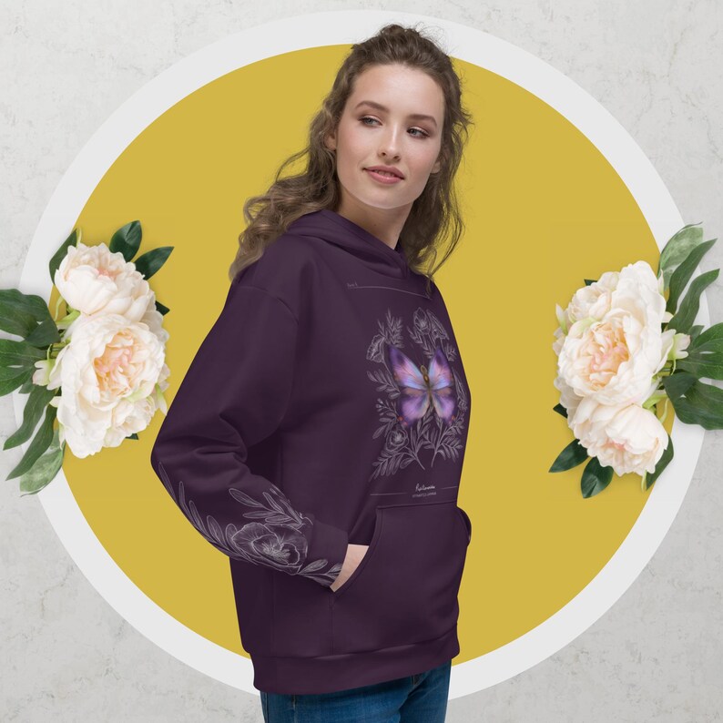 Women's Botanical Butterfly Hoodie | Cute Hoodies | Artist Gift | Botanical Art Inspired Clothing | Aesthetic Hoodies | Floral Shirt image 4
