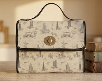 Chicago Toile de Jouy Vintage Travel Sketches Waterproof Canvas Bag | Cityscape Pattern, Leather Trim