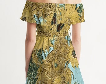 Abito da donna Van Gogh Girasoli fuori spalla / Abito sciolto fluente / Regalo d'artista / Abbigliamento ispirato all'arte /