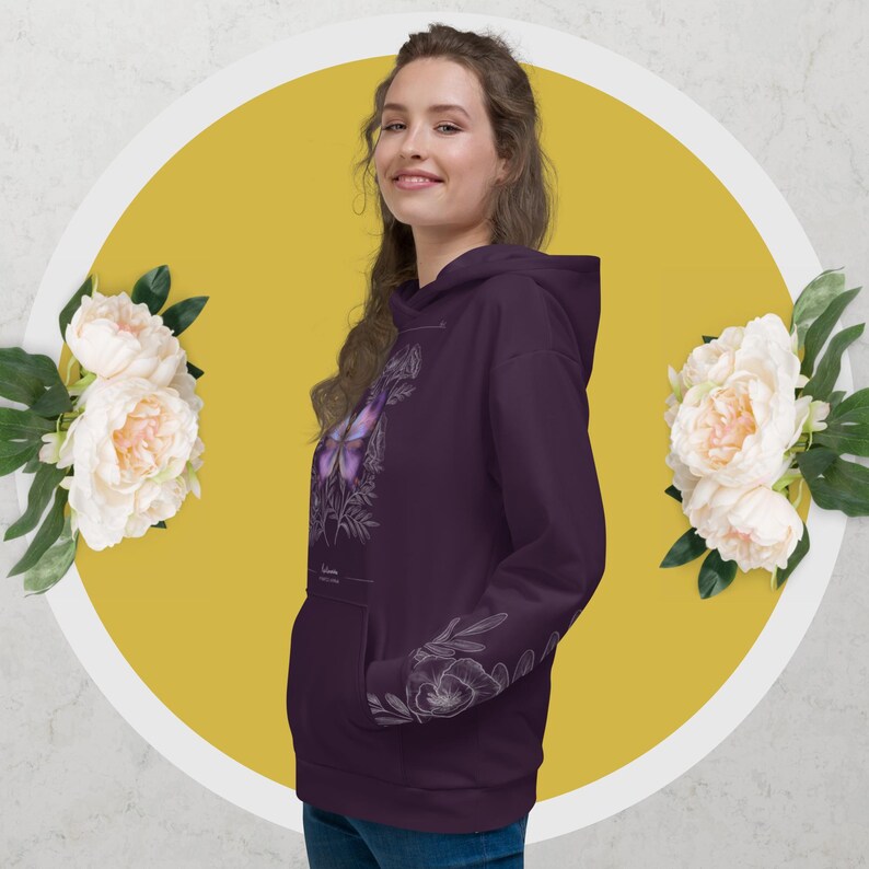 Women's Botanical Butterfly Hoodie | Cute Hoodies | Artist Gift | Botanical Art Inspired Clothing | Aesthetic Hoodies | Floral Shirt image 3