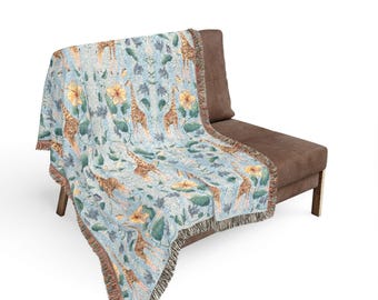 Abstract Floral Giraffe Mosaic Woven Blanket | Geometric Pattern, Neutral Teal and Brown | 100% Cotton Blanket