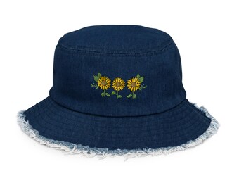 Sunflowers Distressed denim bucket hat