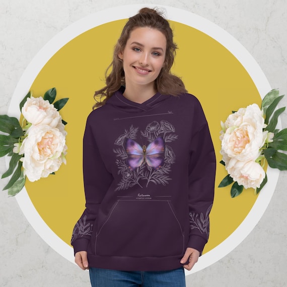 Women's Botanical Butterfly Hoodie  | Cute Hoodies | Artist Gift | Botanical Art Inspired Clothing | Aesthetic Hoodies | Floral Shirt