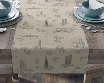 Chicago Toile De Jouy Table Runner (Cotton, Poly) | Home Decor | Holiday Decor | Toile Home Decor | Chicago Gifts | City Themed Decor |