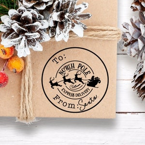 Santa Sleigh Christmas Tag Stamp | From Santa Present Tag Stamp | From Santa Gift Tag Stamp Custom Stamp | Round Christmas Gift Tag Stamp