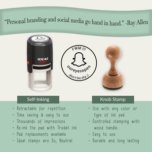 May include: Image features two types of stamps: a black self-inking stamp and a wooden knob stamp. The self-inking stamp is labeled "IDEAL 400R". The knob stamp has a wooden handle. Text includes "Personal branding and social media go hand in hand."