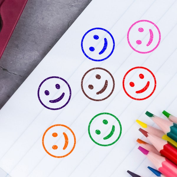 Smiley Face Emoji Teacher Stamp | .625" Round - Lipstick Size | Self-Inking Emoji Stamper | Traditional Hand Stamp | Smile Teacher Stamp