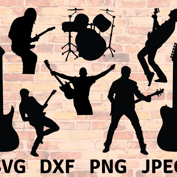 Rock Silhouette SVG - Rock Music Transparent Background - Guitar Bass Drums Collection File - Digital Download - Rocker 70s 80s Class Rock