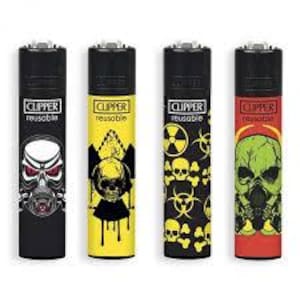 May include: Four black Clipper reusable lighters with different skull and danger symbol designs. The lighters have black, red, yellow, and green designs.