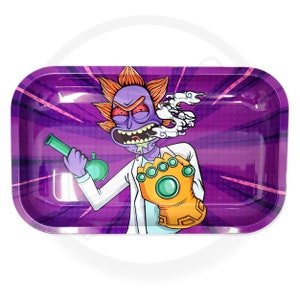 May include: Purple metal rolling tray featuring a cartoon character holding a bong and wearing a gold glove with green gems. The character has red eyes, orange hair, and a white lab coat. The background is a purple and white comic book style design.