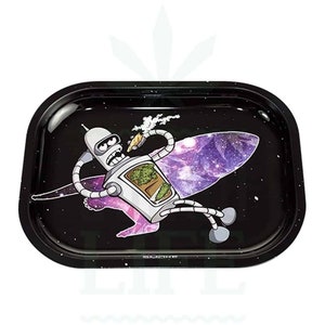 May include: A black metal rolling tray featuring a galaxy background and a cartoon robot holding a joint. The robot is wearing a white spacesuit and has a green plant in its chest. The text "SMOKE" is printed on the bottom of the tray.