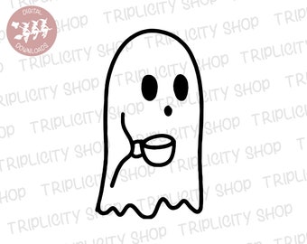 Halloween Ghost with Coffee Mug SVG - PNG Digital Download - png print file, Instant