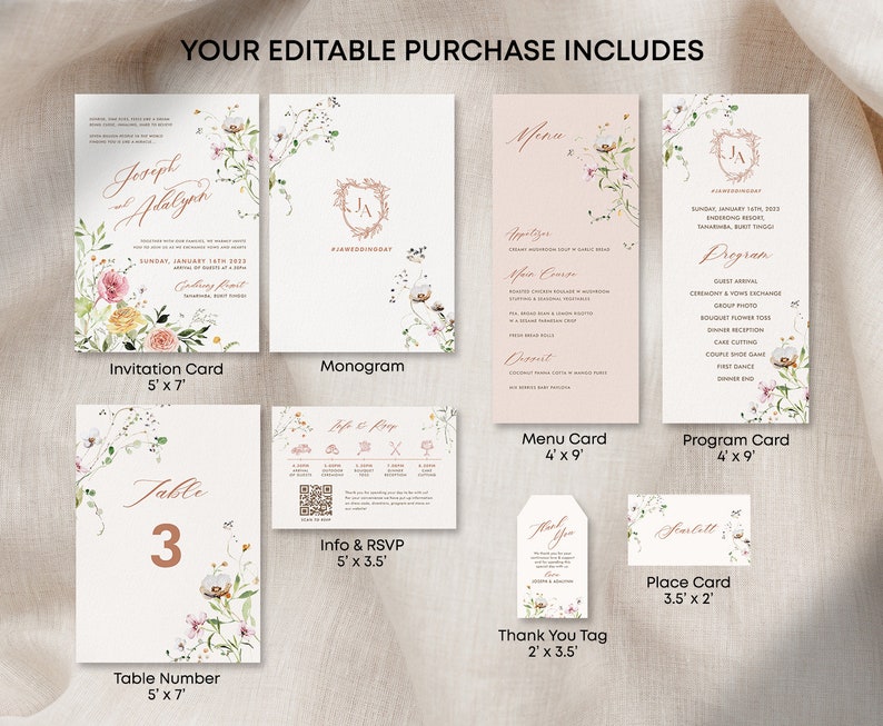 Wildflower Wedding Invitation Bundle Editable Invitation Template Floral Wedding Invite Instant Download Printable Corjl WDWF image 7