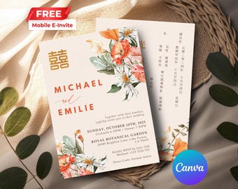 Chinese Floral Wedding Invitation | Oriental Asian | Double Happiness | Editable Canva Template | Instant Download