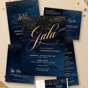 Wohltätigkeitsgala & Stille Auktion: 18-teiliges Mega-Paket, Einladung zur Firmen-Spendenaktion in Schwarz-Gold, Sponsorenpaket, Programm, Sitzplätze, Menü