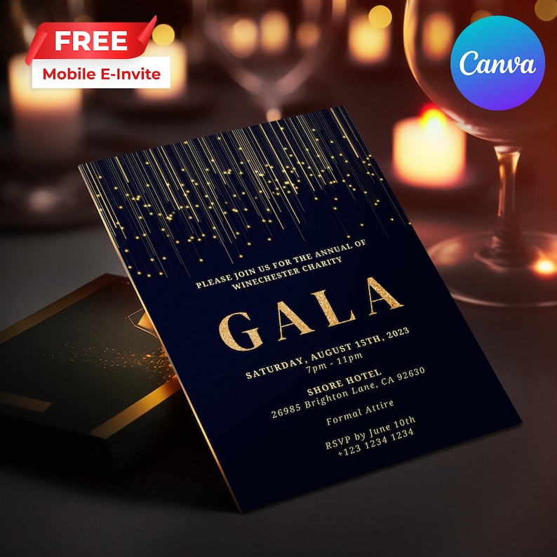 Puede incluir: Una invitaci&oacute;n azul marino con texto dorado para un evento de gala. La invitaci&oacute;n presenta un dise&ntilde;o de l&iacute;neas y puntos dorados. El texto dice "&Uacute;nase a nosotros para el evento anual de Winchester Charity Gala S&aacute;bado, 15 de agosto de 2023 7pm - 11pm Shore Hotel 26985 Brighton Lane, CA 92630 Vestimenta formal RSVP antes del 10 de junio +123 1234 1234"