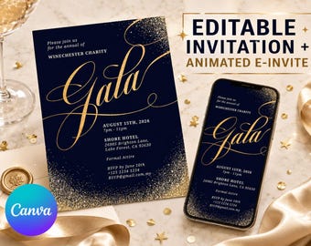 Luxury Gala Invitation Template | Corporate Gala Night Invite | Animated E-Invite | Navy Gold Charity Auction | Editable Canva Template 01