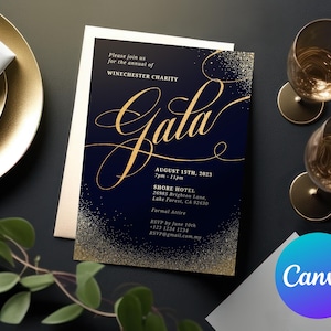May include: A gold and blue invitation card with a gold glitter background. The text on the card reads "Gala" in a gold cursive font. The event is for the Winchester Charity and will be held on August 15th, 2023 at the Shore Hotel in Lake Forest, California. The dress code is formal attire.
