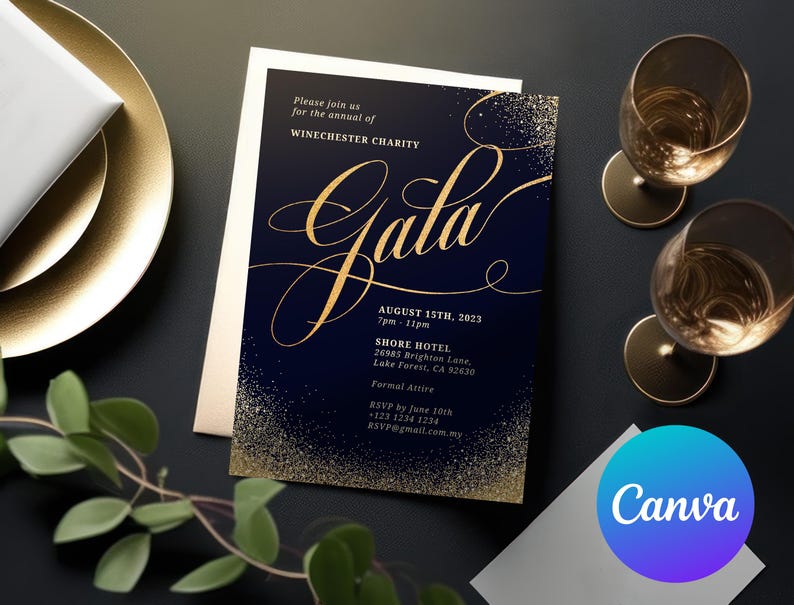 May include: A gold and blue invitation card with a gold glitter background. The text on the card reads "Gala" in a gold cursive font. The event is for the Winchester Charity and will be held on August 15th, 2023 at the Shore Hotel in Lake Forest, California. The dress code is formal attire.