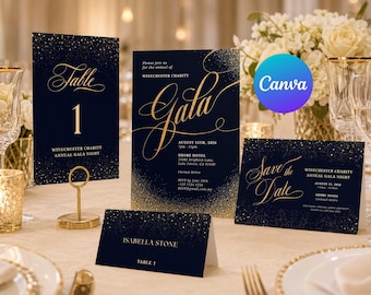 Luxury Gala Invitation Suite Bundle, Corporate Gala Night Decor Set, Navy Gold Table Number Place Card Save the Date, Editable Canva 01