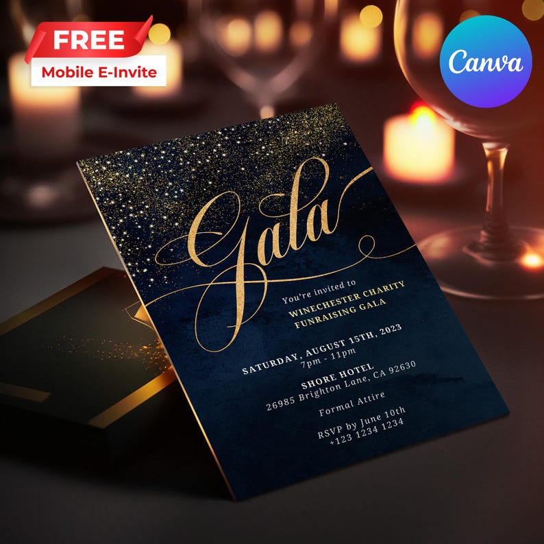 May include: A navy blue invitation card with gold glitter accents and the word "Gala" in gold script. The text reads "You're invited to Winchester Charity Fundraising Gala, Saturday, August 15th, 2023, 7pm-11pm, Shore Hotel, 26985 Brighton Lane, CA 92630, Formal Attire, RSVP by June 10th, +123 1234 1234."