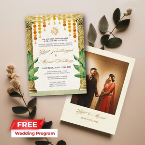 Convites de casamento indianos editáveis | Convite de casamento hindu | Cartão de casamento com flores Mandap | Para impressão | Download instantâneo | Modelo Canva