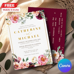 Inviti di nozze cinesi modificabili / Inviti di nozze floreali orientali / Biglietti di nozze asiatici / Doppia felicità / Stampabili / Canva CW01