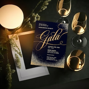 May include: A navy blue invitation with gold glitter accents and gold lettering for a charity gala. The invitation includes the date, time, location, and dress code. The text reads: "Please join us for the annual of WINCHESTER CHARITY Gala AUGUST 15TH, 2023 7pm - 11pm SHORE HOTEL 26985 Brighton Lane, Lake Forest, CA 92630 Formal Attire RSVP by June 19th 123 1234 1234 RSVP@gmail.com.my"