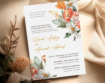 Editable Muslim Wedding Invitation | Mehndi Wedding Invite | Burn Orange Spring Floral Invite | Printable | Instant Download | Corjl MWMF