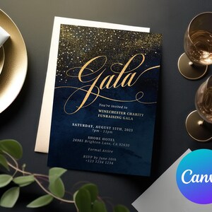 May include: A navy blue and gold invitation with a glittery background. The text reads "Gala" in gold script and includes details for a charity fundraising event. The event is scheduled for Saturday, August 15th, 2023, from 7pm to 11pm at the Shore Hotel. The address is 26985 Brighton Lane, CA 92630. The dress code is formal attire. RSVP by June 10th at 123 1234 1234.