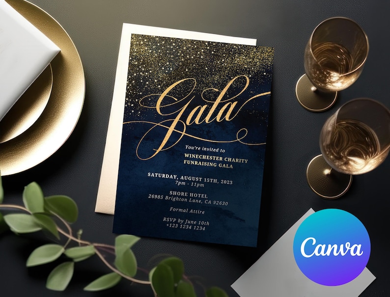 May include: A navy blue and gold invitation with a glittery background. The text reads "Gala" in gold script and includes details for a charity fundraising event. The event is scheduled for Saturday, August 15th, 2023, from 7pm to 11pm at the Shore Hotel. The address is 26985 Brighton Lane, CA 92630. The dress code is formal attire. RSVP by June 10th at 123 1234 1234.