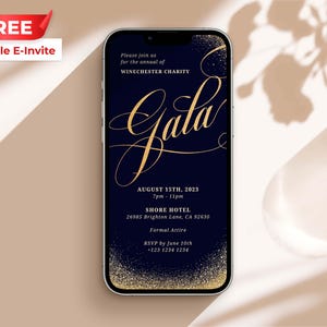 May include: A mobile phone screen displaying a digital invitation to a gala for the Winchester Charity. The invitation is on a dark blue background with gold glitter and text. The text reads "Gala", "August 15th, 2023", "7pm - 11pm", "Shore Hotel", "26985 Brighton Lane, CA 92630", "Formal Attire", and "RSVP by June 10th +123 1234 1234".
