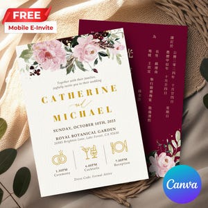 Bearbeitbare Chinesische Hochzeitseinladungen | Orientalische Blumenhochzeits-Einladung | Asiatische Hochzeitskarte | Doppeltes Glück | Druckbar | Leinwand CW06