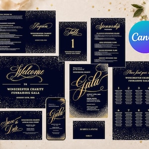 May include: A collection of navy blue and gold gala stationery featuring a welcome sign, program, table number, sponsorship packages, seating chart, save the date, mobile invitation, and place card, all decorated with gold glitter accents.