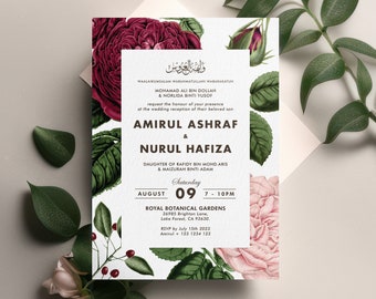 Editable Muslim Wedding Invitation | Mehndi Wedding Invite | Red Pink Roses Wedding Card | Printable | Instant Download | Corjl MWMF
