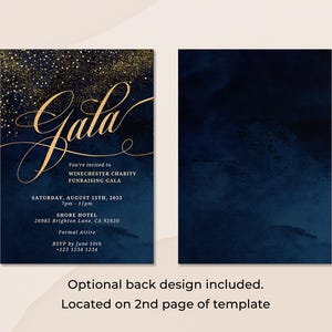 May include: A navy blue invitation with gold glitter and the word "Gala" in gold script. The invitation is for a charity fundraising gala on August 15th, 2023 at 7pm-11pm at the Shore Hotel. The back of the invitation is a solid navy blue.