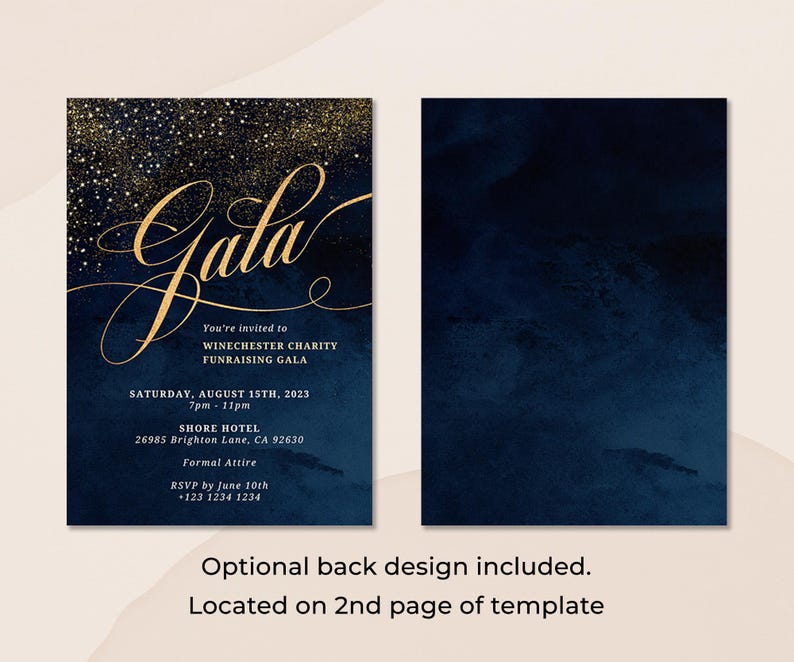 May include: A navy blue invitation with gold glitter and the word "Gala" in gold script. The invitation is for a charity fundraising gala on August 15th, 2023 at 7pm-11pm at the Shore Hotel. The back of the invitation is a solid navy blue.