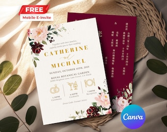 Chinese Floral Wedding Invitation | Oriental Asian | Double Happiness | Editable Canva Template | Instant Download