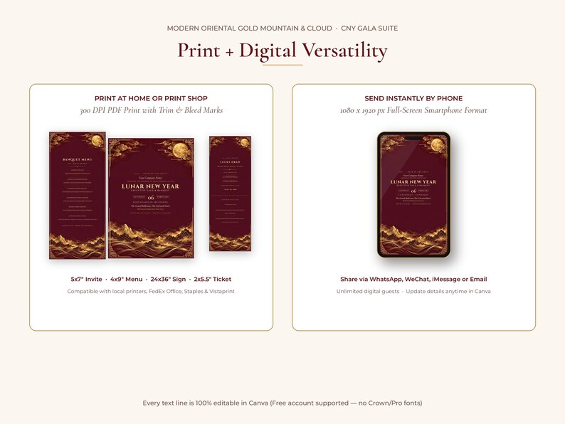 Chinese New Year Banquet Suite Canva Template, 5-piece Gold Mountain ...
