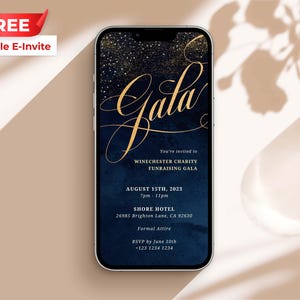 May include: A mobile phone screen displaying a blue and gold invitation for a charity gala. The invitation features the text "Gala" in gold script, the date "August 15th, 2023", the time "7pm-11pm", the location "Shore Hotel", and the address "26985 Brighton Lane, CA 92630".