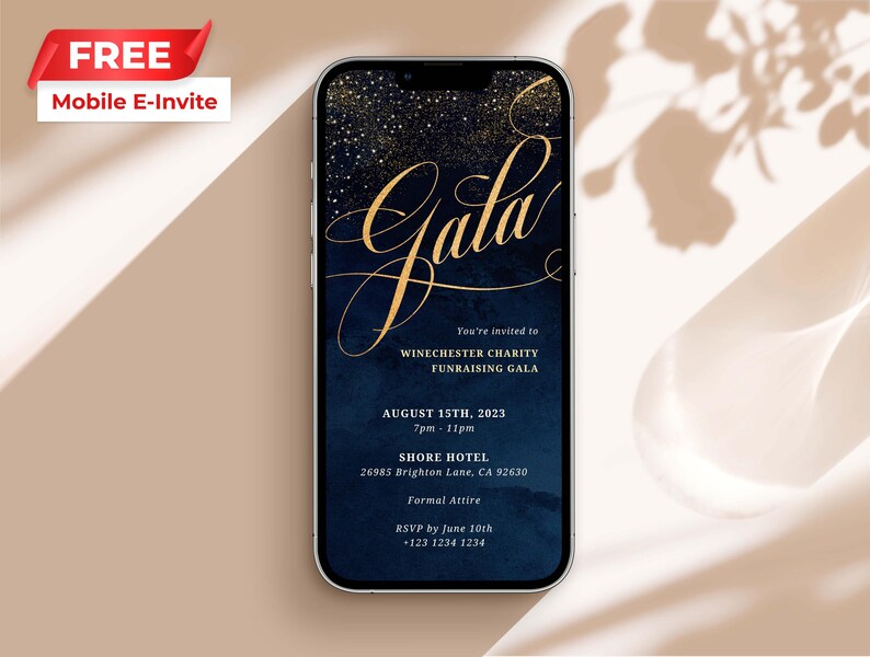 May include: A mobile phone screen displaying a blue and gold invitation for a charity gala. The invitation features the text "Gala" in gold script, the date "August 15th, 2023", the time "7pm-11pm", the location "Shore Hotel", and the address "26985 Brighton Lane, CA 92630".