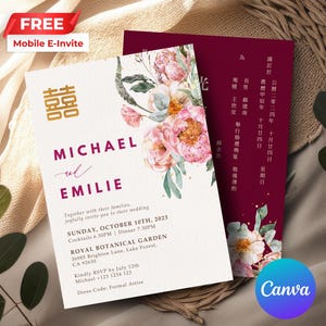 Bewerkbare Chinese huwelijksuitnodigingen | Oosterse bloemenhuwelijksuitnodiging | Aziatische trouwkaart | Dubbel geluk | Afdrukbaar | Canva CW02