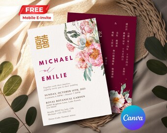 Chinese Floral Wedding Invitation | Oriental Asian | Double Happiness | Editable Digital Canva Template | Instant Download