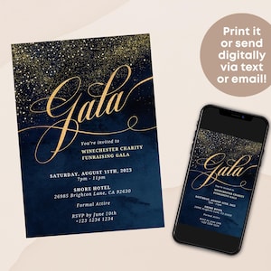 May include: A blue and gold invitation for a fundraising gala. The invitation features a gold glitter background with the word "Gala" in gold script. The text on the invitation reads "You're invited to Winchester Charity Fundraising Gala, Saturday, August 15th, 2023, 7pm-11pm, Shore Hotel, 26985 Brighton Lane, CA 92630, Formal Attire, RSVP by June 10th, +123 1234 1234".