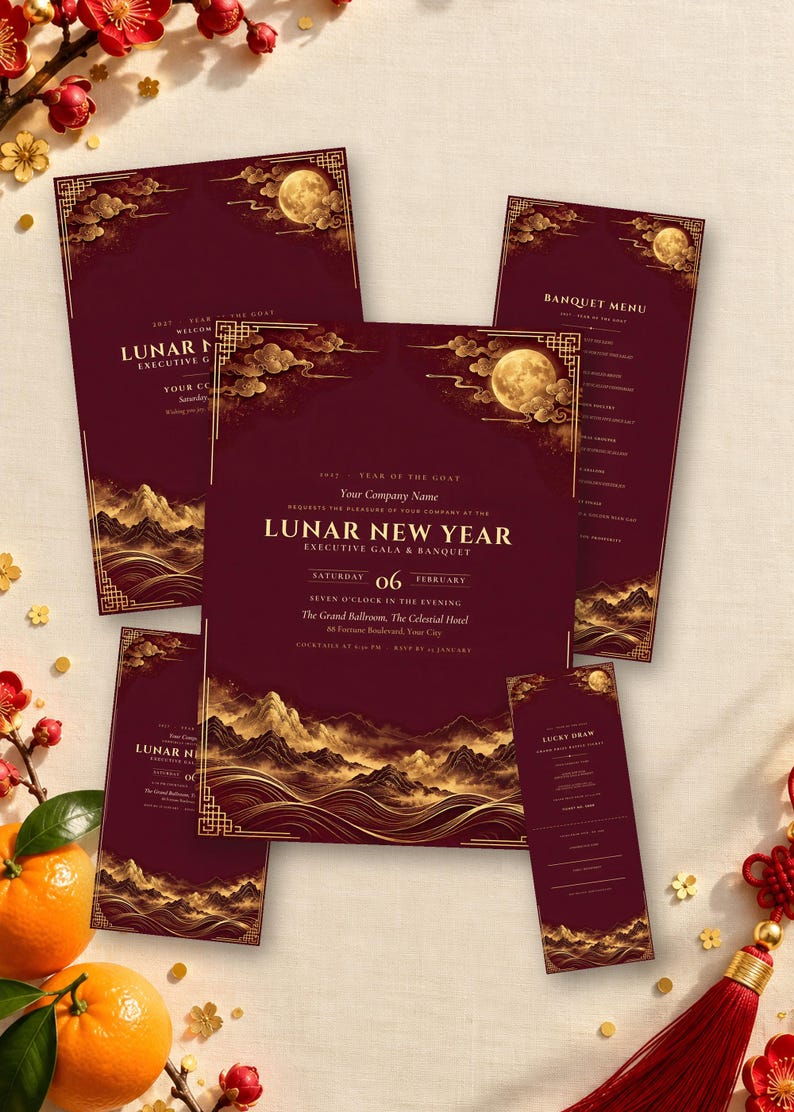 Chinese New Year Banquet Suite Canva Template, 5-piece Gold Mountain ...