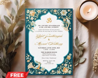Floral Motif Indian Wedding Invitations | Hindu Wedding | Editable Digital Canva Template | Instant Download