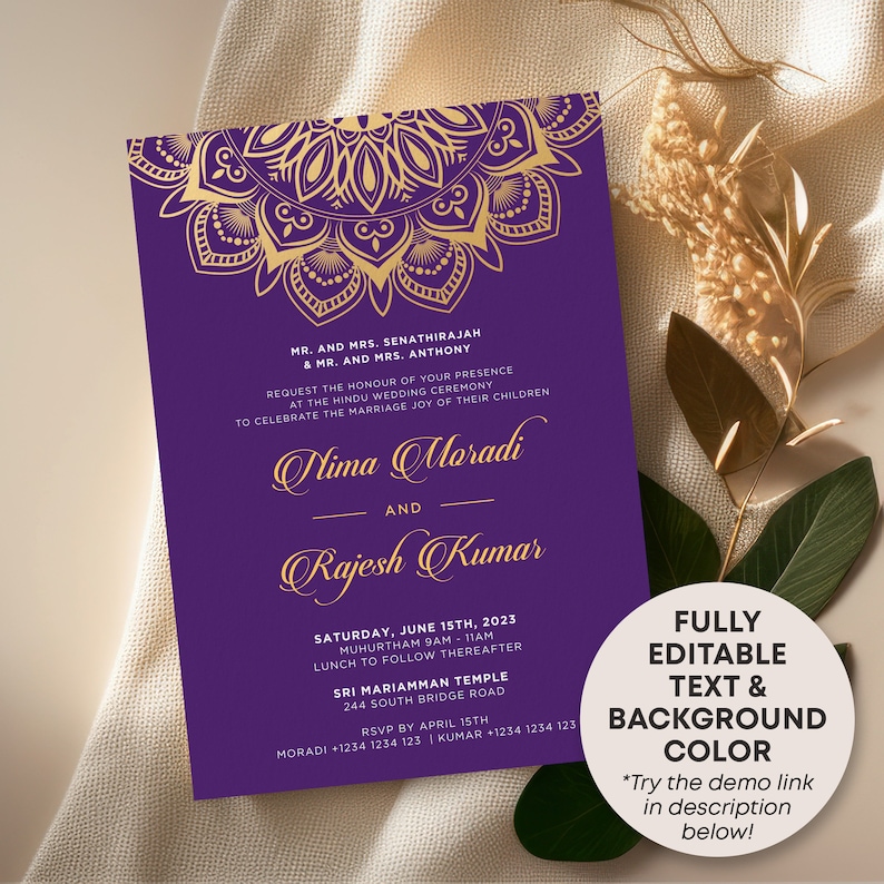 Editable Indian Wedding Invitations Hindu Wedding Invite Purple Lotus Mandala Wedding Card