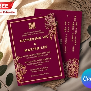 Inviti di nozze cinesi modificabili / Inviti di nozze floreali orientali / Biglietti di nozze asiatici / Doppia felicità / Stampabili / Canva CW05